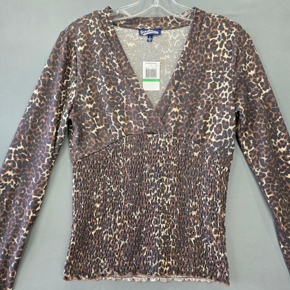 Freshman 1996 Long Sleeve Leopard Print Shirt Womens Size Large Brown V-Neck Top